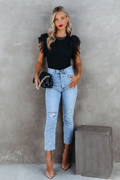 Slim Fit Mesh Sleeve Ribbed Top – Summer Solid Color Casual Blouse