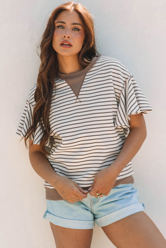 Contrast Detail Striped Ruffle Short Sleeve Top in Parchment