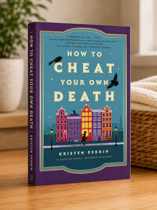 "How to Cheat Your Own Death by Kristen Perrin paperback mystery novel featuring colorful townhouses, black crows, and a silhouetted figure running through a city street."