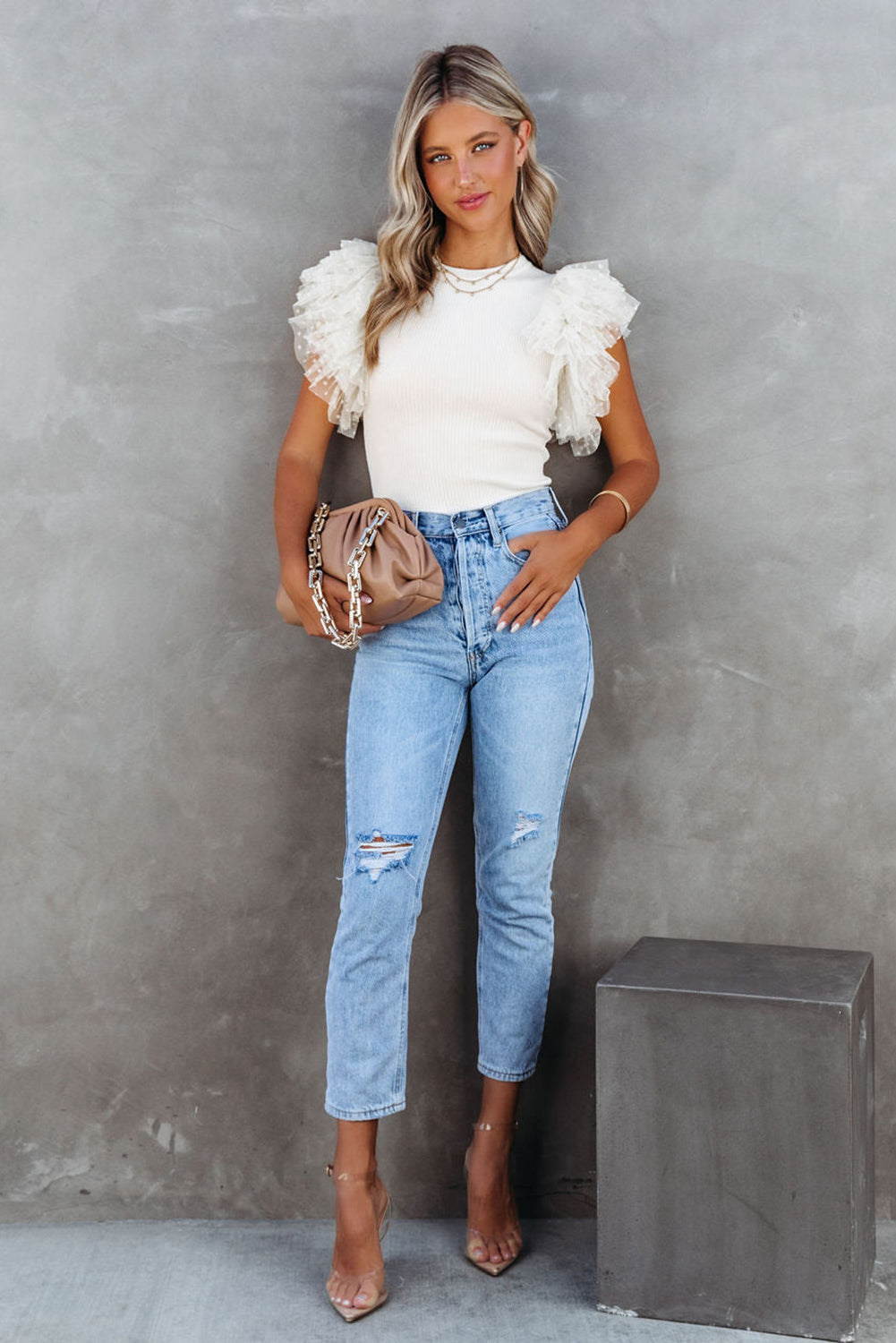 Slim Fit Mesh Sleeve Ribbed Top – Summer Solid Color Casual Blouse