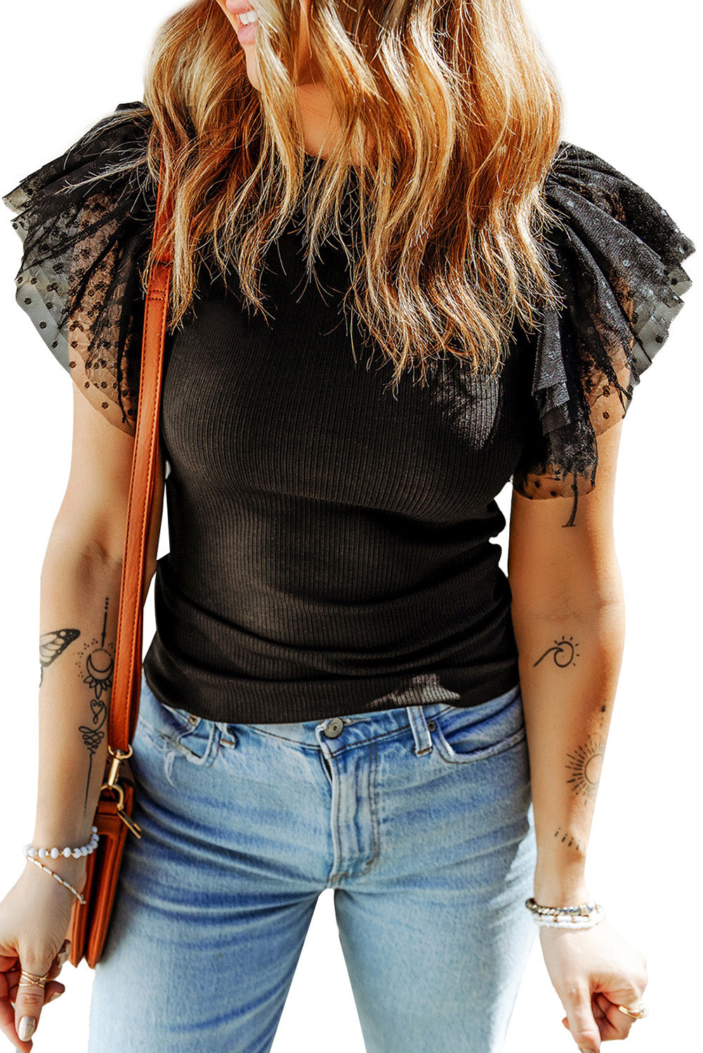 Slim Fit Mesh Sleeve Ribbed Top – Summer Solid Color Casual Blouse