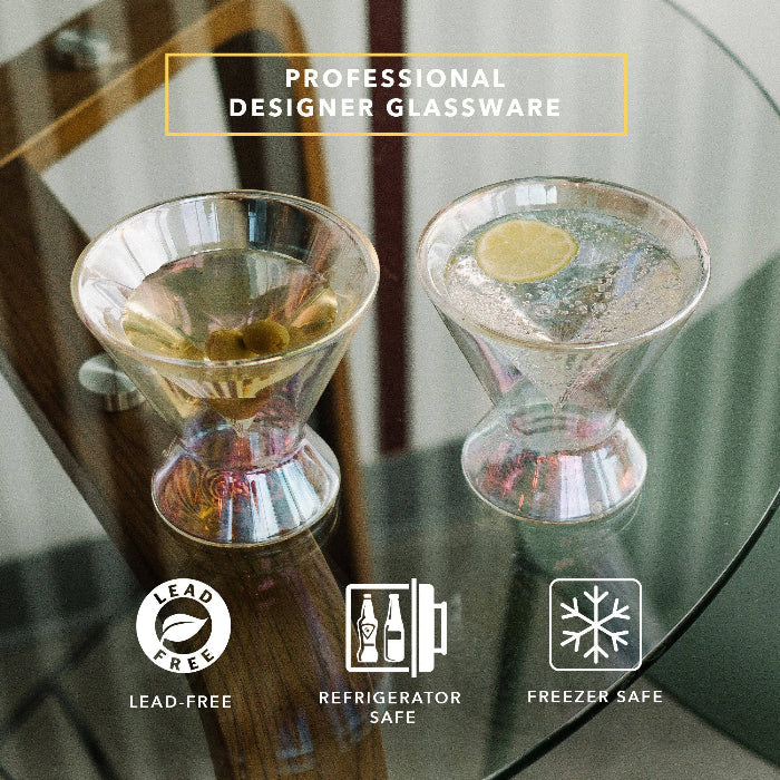 Set of two iridescent 7 oz stemless martini glasses by Dragon Glassware with double-wall insulated glass and a shimmering color-shifting finish.