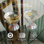 Set of two iridescent 7 oz stemless martini glasses by Dragon Glassware with double-wall insulated glass and a shimmering color-shifting finish.
