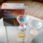 Set of two iridescent 7 oz stemless martini glasses by Dragon Glassware with double-wall insulated glass and a shimmering color-shifting finish.