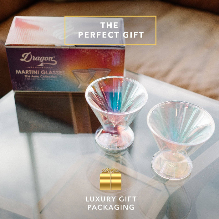 Set of two iridescent 7 oz stemless martini glasses by Dragon Glassware with double-wall insulated glass and a shimmering color-shifting finish.