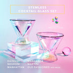 Set of two iridescent 7 oz stemless martini glasses by Dragon Glassware with double-wall insulated glass and a shimmering color-shifting finish.