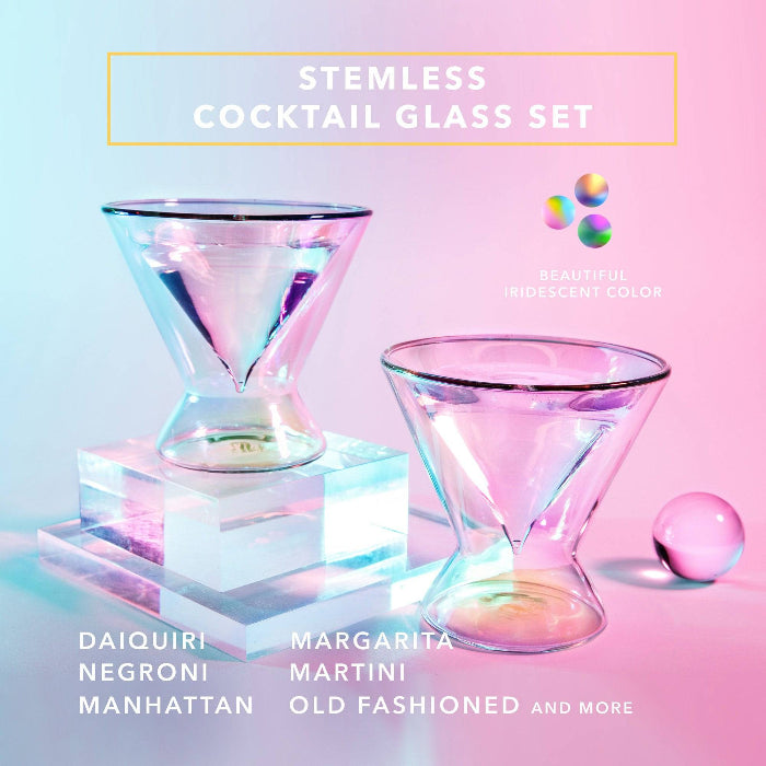 Set of two iridescent 7 oz stemless martini glasses by Dragon Glassware with double-wall insulated glass and a shimmering color-shifting finish.