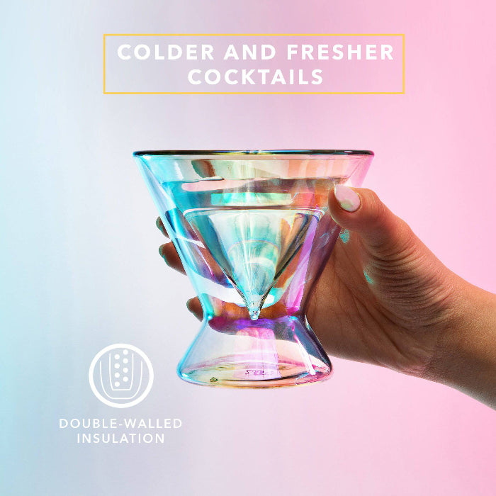Set of two iridescent 7 oz stemless martini glasses by Dragon Glassware with double-wall insulated glass and a shimmering color-shifting finish.