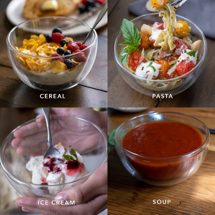 Set of two clear double wall glass cereal and soup bowls with a modern transparent design. Can be used for cereal, pasta, soup, or ice cream.