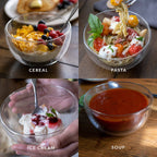 Set of two clear double wall glass cereal and soup bowls with a modern transparent design. Can be used for cereal, pasta, soup, or ice cream.