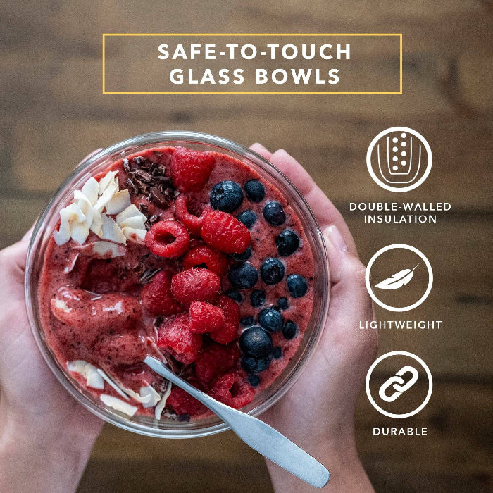 Set of two clear double wall glass cereal and soup bowls with a modern transparent design.