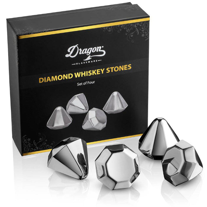 Set of four diamond-shaped stainless steel chilling stones by Dragon Glassware designed to cool whiskey and other beverages without melting or diluting drinks.