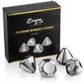 Set of four diamond-shaped stainless steel chilling stones by Dragon Glassware designed to cool whiskey and other beverages without melting or diluting drinks.