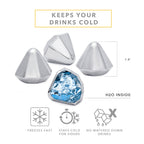 Set of four diamond-shaped stainless steel chilling stones by Dragon Glassware designed to cool whiskey and other beverages without melting or diluting drinks.
