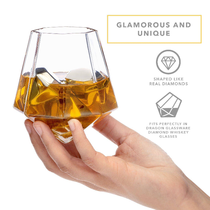 Set of four diamond-shaped stainless steel chilling stones by Dragon Glassware designed to cool whiskey and other beverages without melting or diluting drinks.