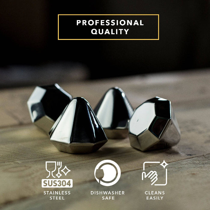 Set of four diamond-shaped stainless steel chilling stones by Dragon Glassware designed to cool whiskey and other beverages without melting or diluting drinks.
