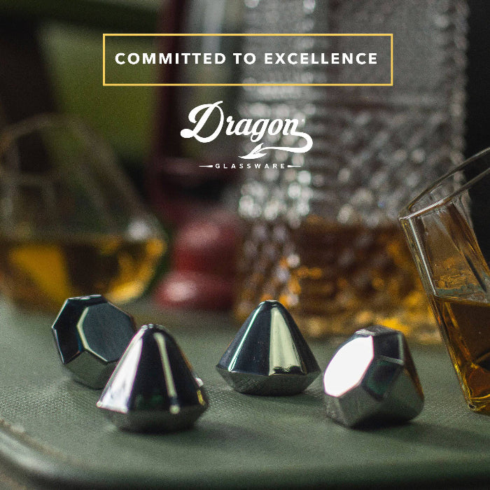 Set of four diamond-shaped stainless steel chilling stones by Dragon Glassware designed to cool whiskey and other beverages without melting or diluting drinks.