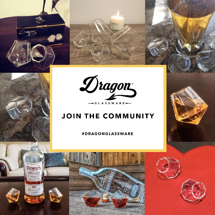 Set of clear diamond-shaped 2 oz shot glasses by Dragon Glassware featuring a unique geometric design that rests at a tilted angle.