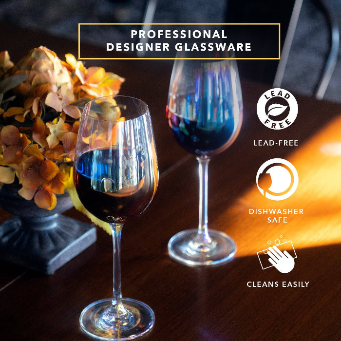 Set of two Dragon Glassware 17.5 oz stemmed wine glasses made from lead-free crystal glass with a shimmering iridescent Aura finish.