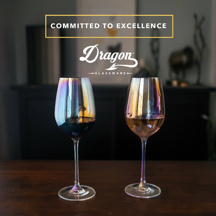 Set of two Dragon Glassware 17.5 oz stemmed wine glasses made from lead-free crystal glass with a shimmering iridescent Aura finish.