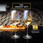 Set of two Dragon Glassware 17.5 oz stemmed wine glasses made from lead-free crystal glass with a shimmering iridescent Aura finish.