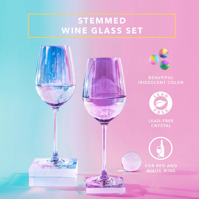 Set of two Dragon Glassware 17.5 oz stemmed wine glasses made from lead-free crystal glass with a shimmering iridescent Aura finish.