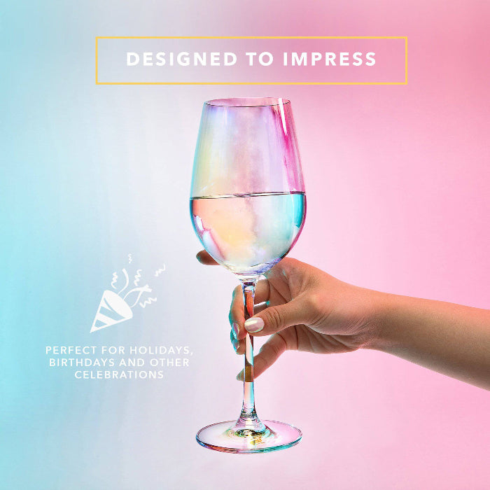 Set of two Dragon Glassware 17.5 oz stemmed wine glasses made from lead-free crystal glass with a shimmering iridescent Aura finish.