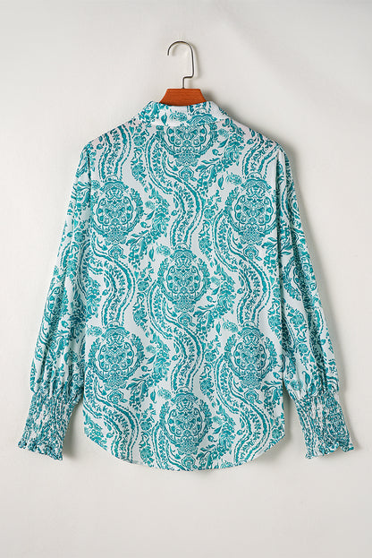 Paisley Print Button Front Shirt – Smocked Cuff Long Sleeve Blouse