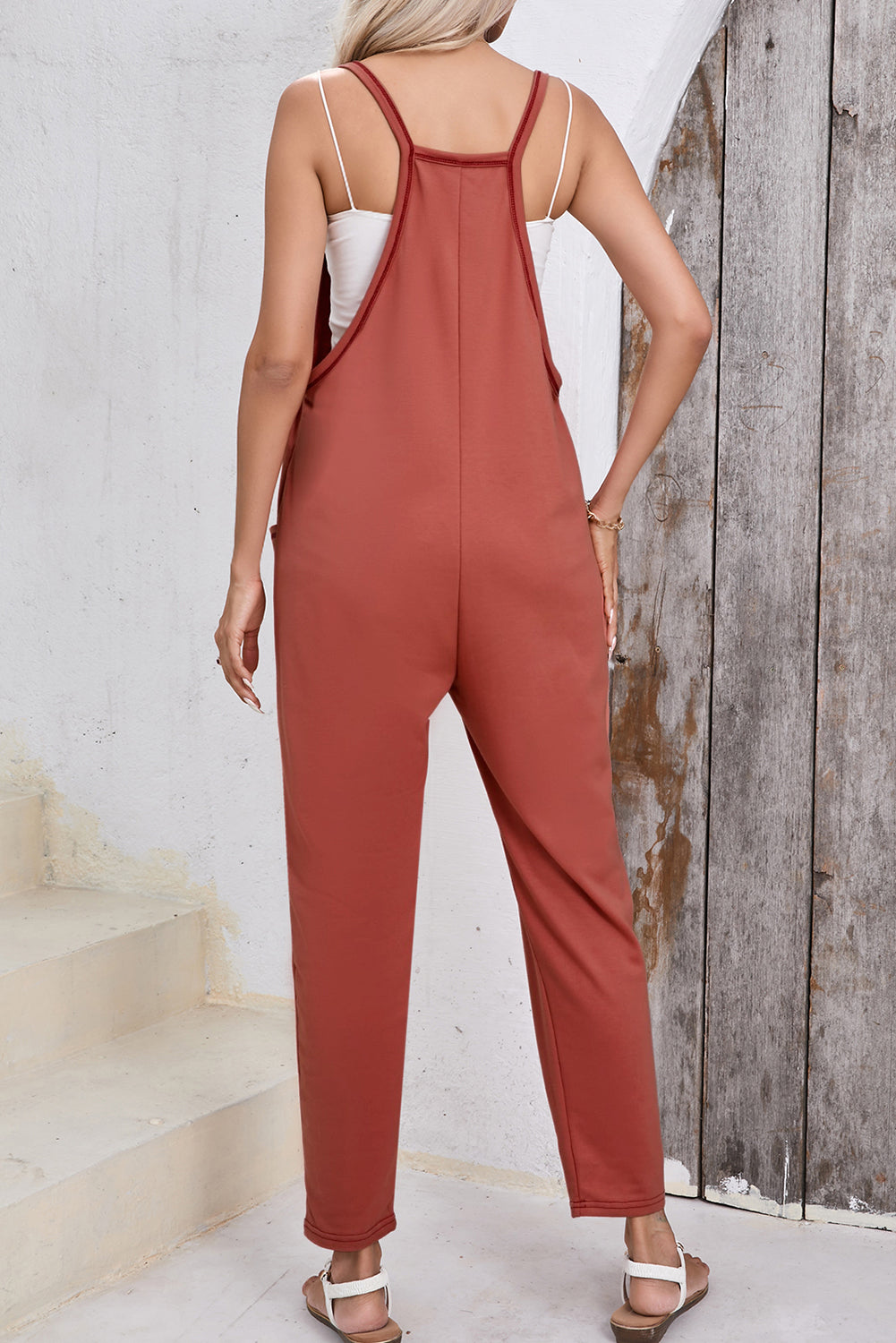 Sleeveless V Neck Jumpsuit Side Pockets Harem Pants