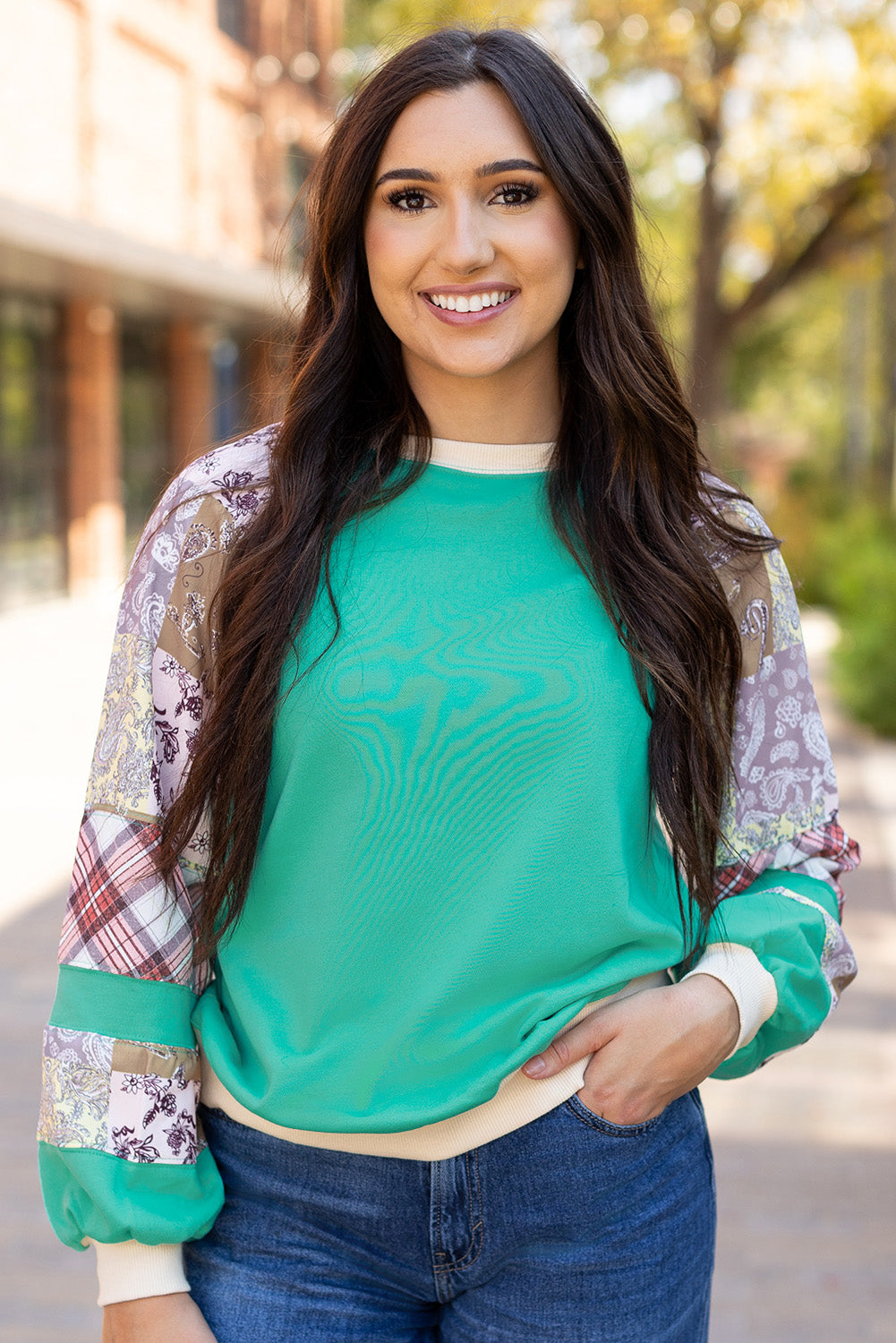 Aruba Plaid & Paisley Raglan Patchwork Top – Contrast Color Block Tee