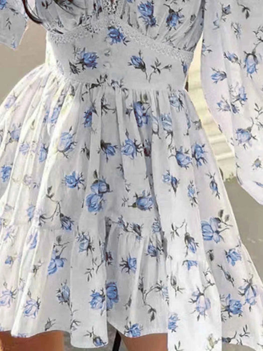 Sarina Lace Detail V-Neck Balloon Sleeve Dress featuring delicate lace accents, elegant balloon sleeves, a flattering V-neckline, and a flowy silhouette, perfect for weddings, bridal showers, church, and special occasions. 