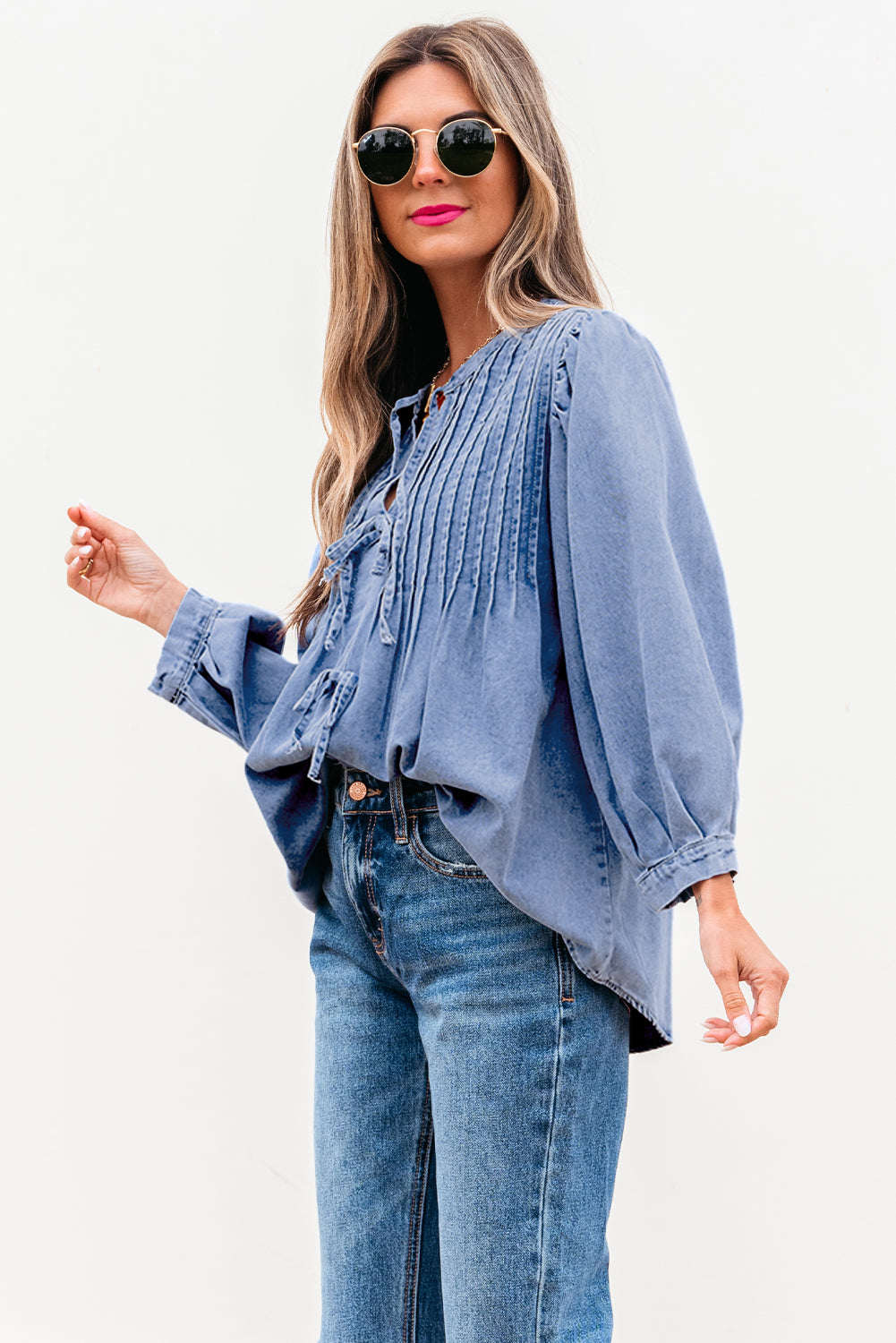 Chambray Denim Top – Bow Tie Front Puff Sleeve Acid Wash Blouse