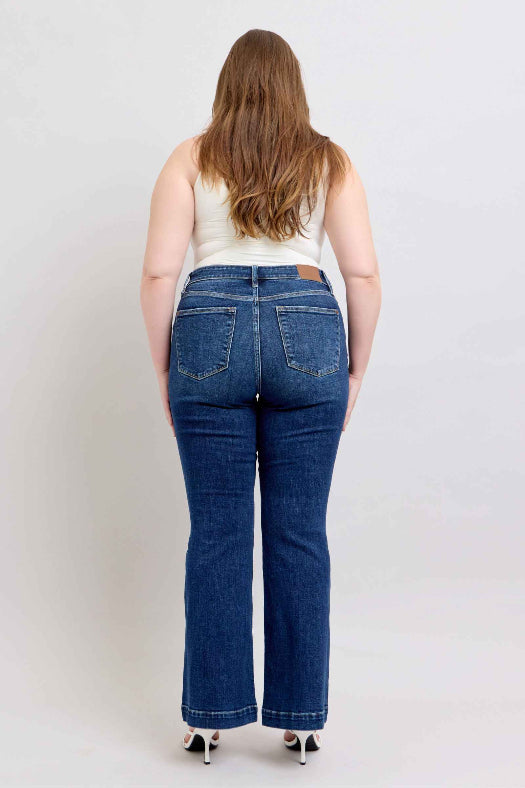 Jacqueline Judy Blue Flare Jeans – High Rise Stretch Denim in Dark Wash