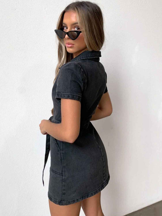 Fia Full Size Zip Front Short Sleeve Denim Dress (Available in Plus Size) in Color Black