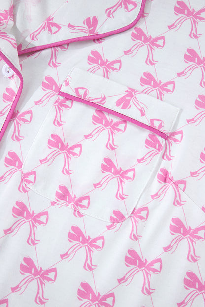 Pink Bowknot Printed Short Sleeve and Ruffled Shorts Pajama Set