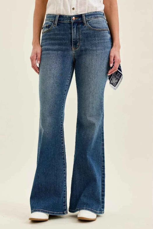 Judy Blue Mid Rise Jaqueline Flare with Triple Needle Back Pkts and Bandana Loop