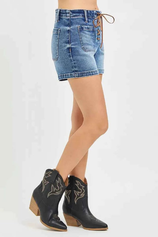 RISEN High Rise Front Tie Up Shorts with Patch Pockets