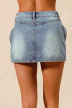 SO ME Bow Knot Pocket Denim Mini Skirt