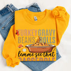 Turkey Gravy Beans & Rolls funny Thanksgiving crewneck sweatshirt featuring a holiday food-inspired graphic in a classic unisex fit in Gold