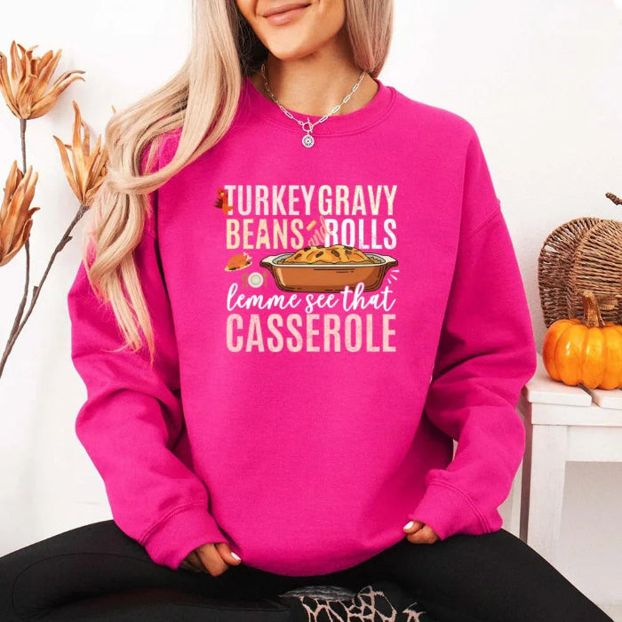Turkey Gravy Beans & Rolls funny Thanksgiving crewneck sweatshirt featuring a holiday food-inspired graphic in a classic unisex fit in Heliconia