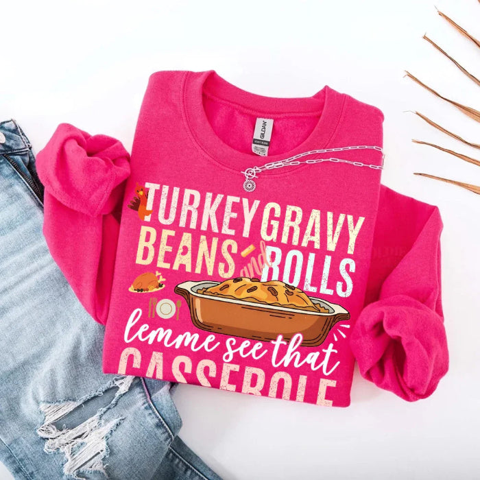 Turkey Gravy Beans & Rolls funny Thanksgiving crewneck sweatshirt featuring a holiday food-inspired graphic in a classic unisex fit in Heliconia