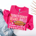 Turkey Gravy Beans & Rolls funny Thanksgiving crewneck sweatshirt featuring a holiday food-inspired graphic in a classic unisex fit in Heliconia