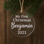 Personalized Clear Acrylic Baby’s First Christmas Ornament – Custom Name, Color, & Year Keepsake