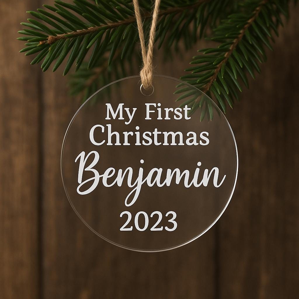 Personalized Clear Acrylic Baby’s First Christmas Ornament – Custom Name, Color, & Year Keepsake