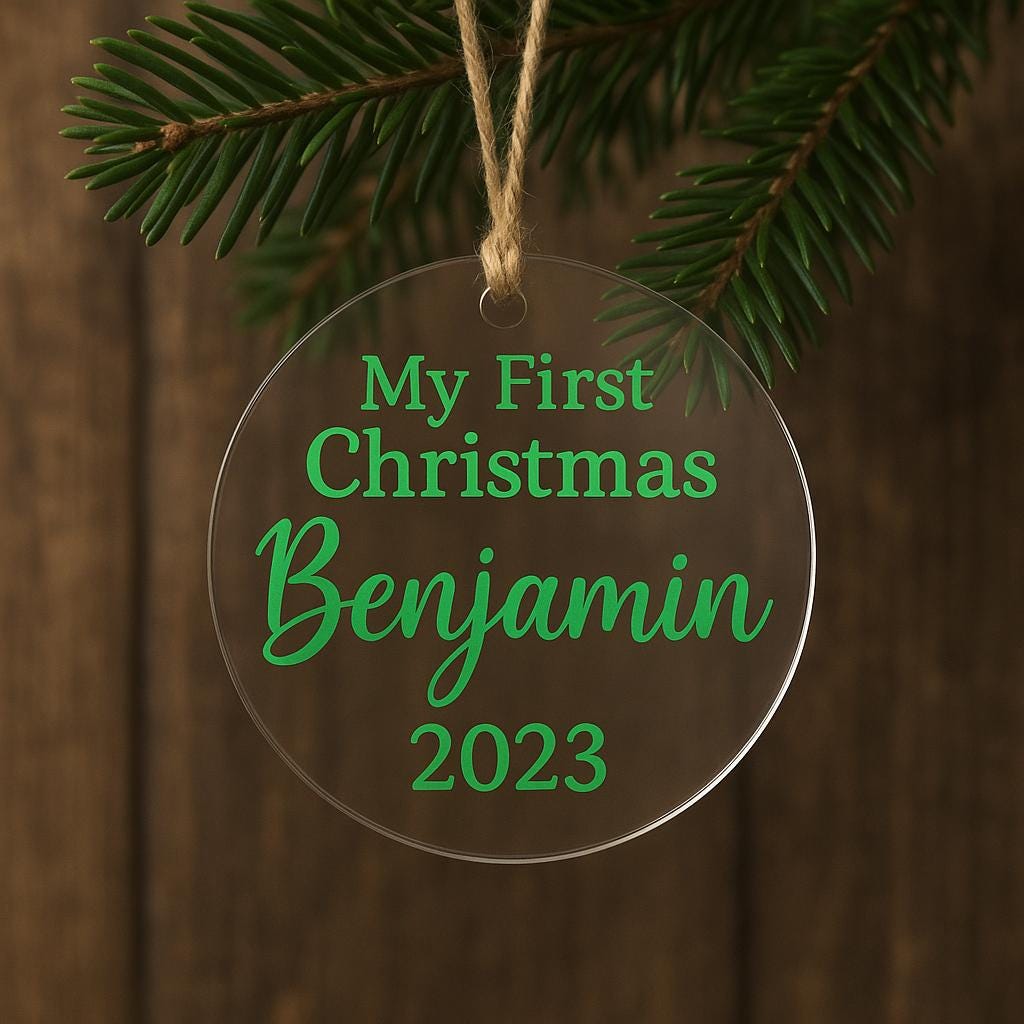 Personalized Clear Acrylic Baby’s First Christmas Ornament – Custom Name, Color, & Year Keepsake