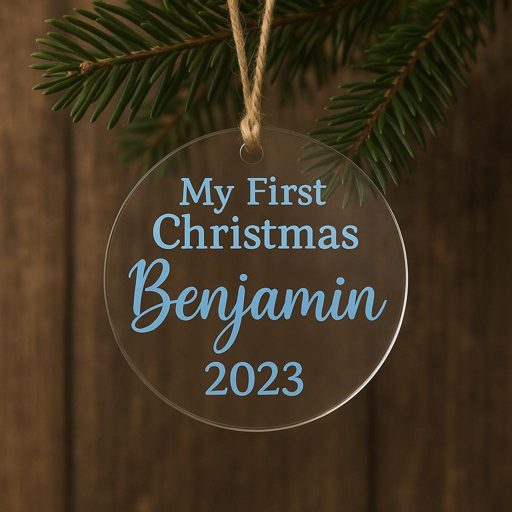 Personalized Clear Acrylic Baby’s First Christmas Ornament – Custom Name, Color, & Year Keepsake