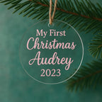 Personalized Clear Acrylic Baby’s First Christmas Ornament – Custom Name, Color, & Year Keepsake