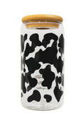 Cow Print Glass Tumbler 16oz with Straw and Bamboo Lid – Coffee Lover Gift