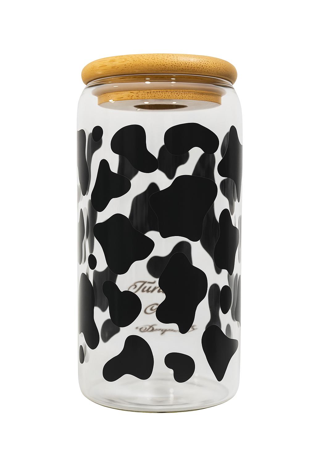 Cow Print Glass Tumbler 16oz with Straw and Bamboo Lid – Coffee Lover Gift