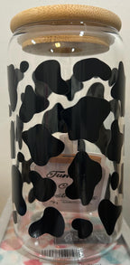 Cow Print Glass Tumbler 16oz with Straw and Bamboo Lid – Coffee Lover Gift